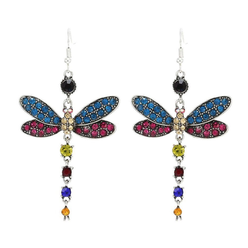 Multi Color Dragonfly Crystal Rhinestone Silver Plated Hook Earrings, V…